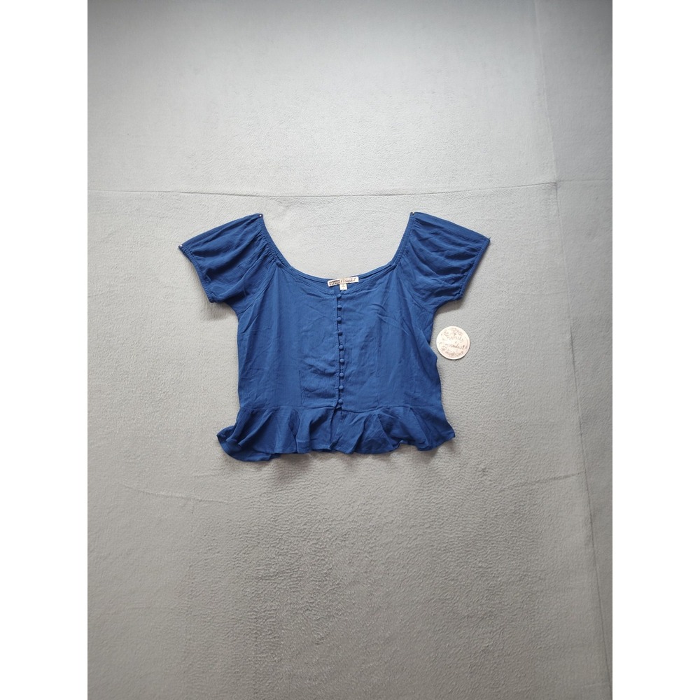 Gypsies & Moondust Women Crop Top L Blue 100% Rayon Ruffle Hem Button Front City